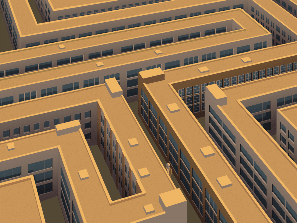An illustration shows a small figure walking through a maze of identical, seemingly interconnected apartment buildings. The perspective of the illustration is from above at an angle, such that the windowed fronts of the buildings are visible as well as the tops of the buildings and an olive-drab expanse of ground.