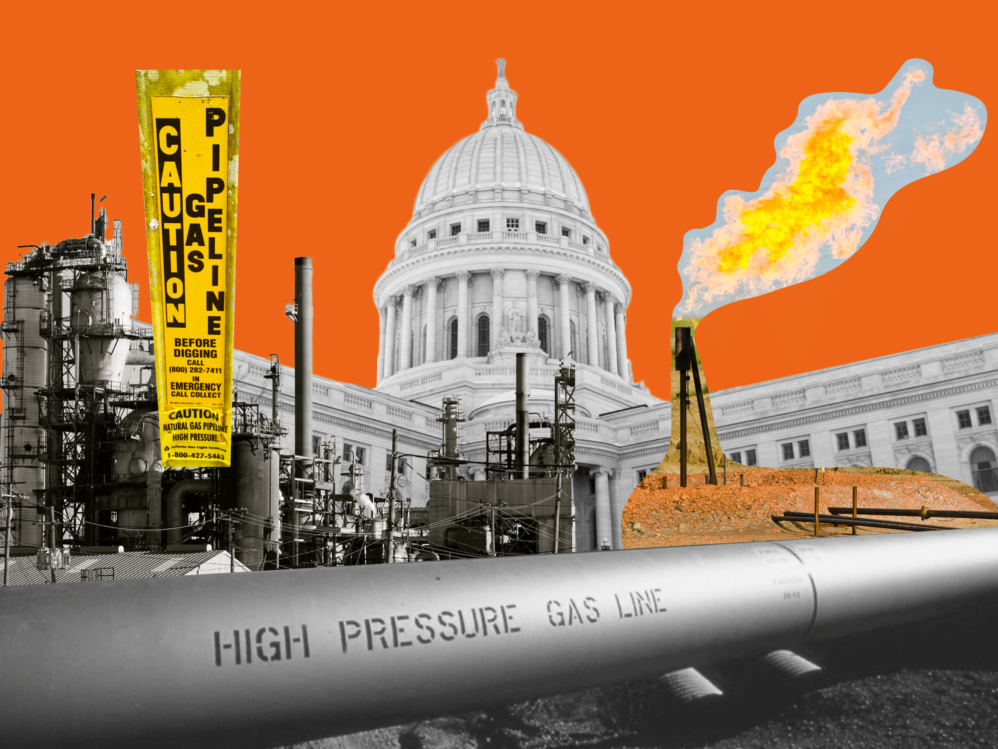 An illustration shows the Wisconsin Capitol building over a bright orange background. In front of the Capitol are superimposed a pipe labeled "High pressure gas line," a gas flare, a section of a power plant, and a sign reading "Caution, gas pipeline."