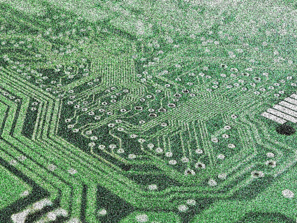 A photo illustration shows a close-up of a green computer circuit board, distorted through a grainy filter.