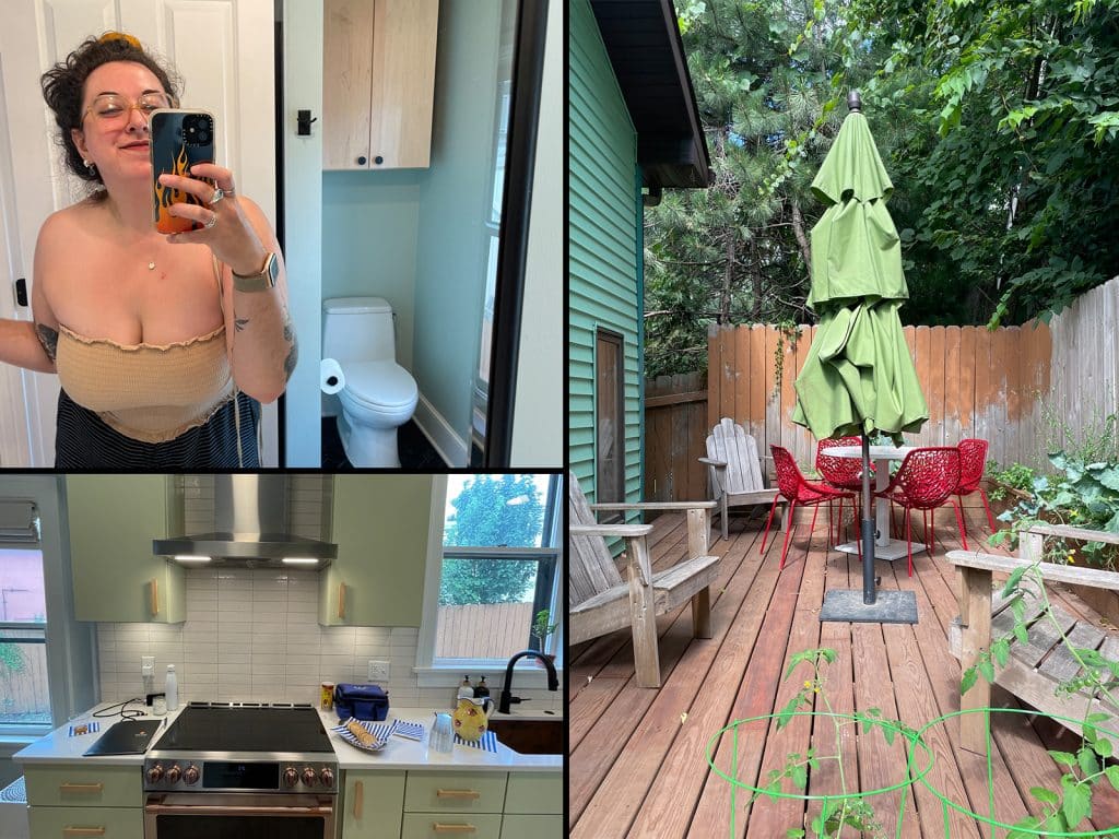 Hayley Sperling snaps a few photos from her tour of the Willy St house. Clockwise from the top left: a signature bathroom selfie, a shot of the patio with several chairs and umbrella stand, and finally the kitchen stove and countertops.