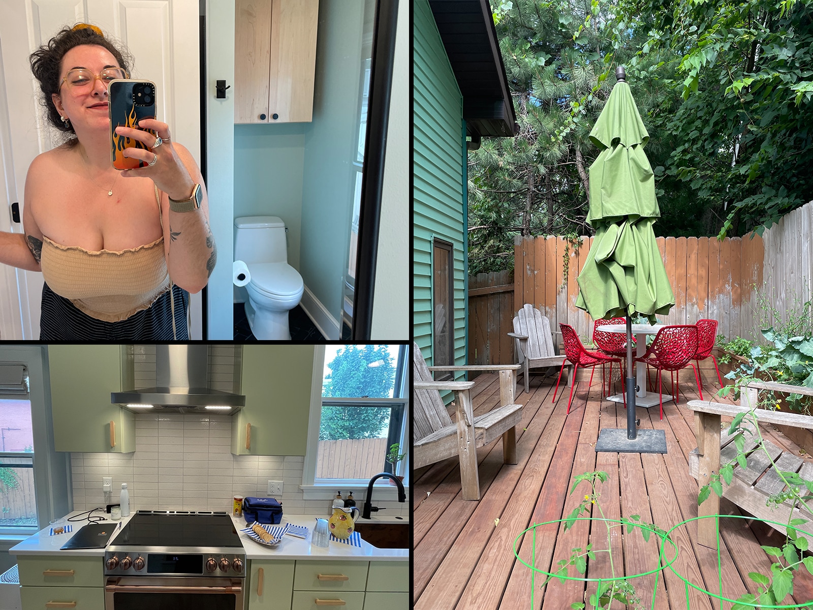 Hayley Sperling snaps a few photos from her tour of the Willy St house. Clockwise from the top left: a signature bathroom selfie, a shot of the patio with several chairs and umbrella stand, and finally the kitchen stove and countertops.