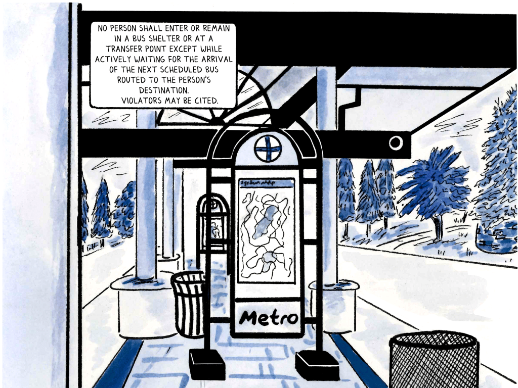A blue and black drawing of the now-closed West Transfer point, which had benches, and shelter