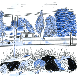 A blue and black illustration shows several garbage bags in the grass right next to a bus stop.