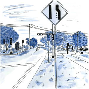 A blue and black illustration shows a bus stop in the grass, a few feet away from the sidewalk, without any pavement for going on or off the bus.