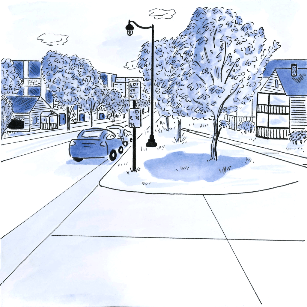 A blue and black illustration of a bus stop with no seating or shade despite a wide open sidewalk area.