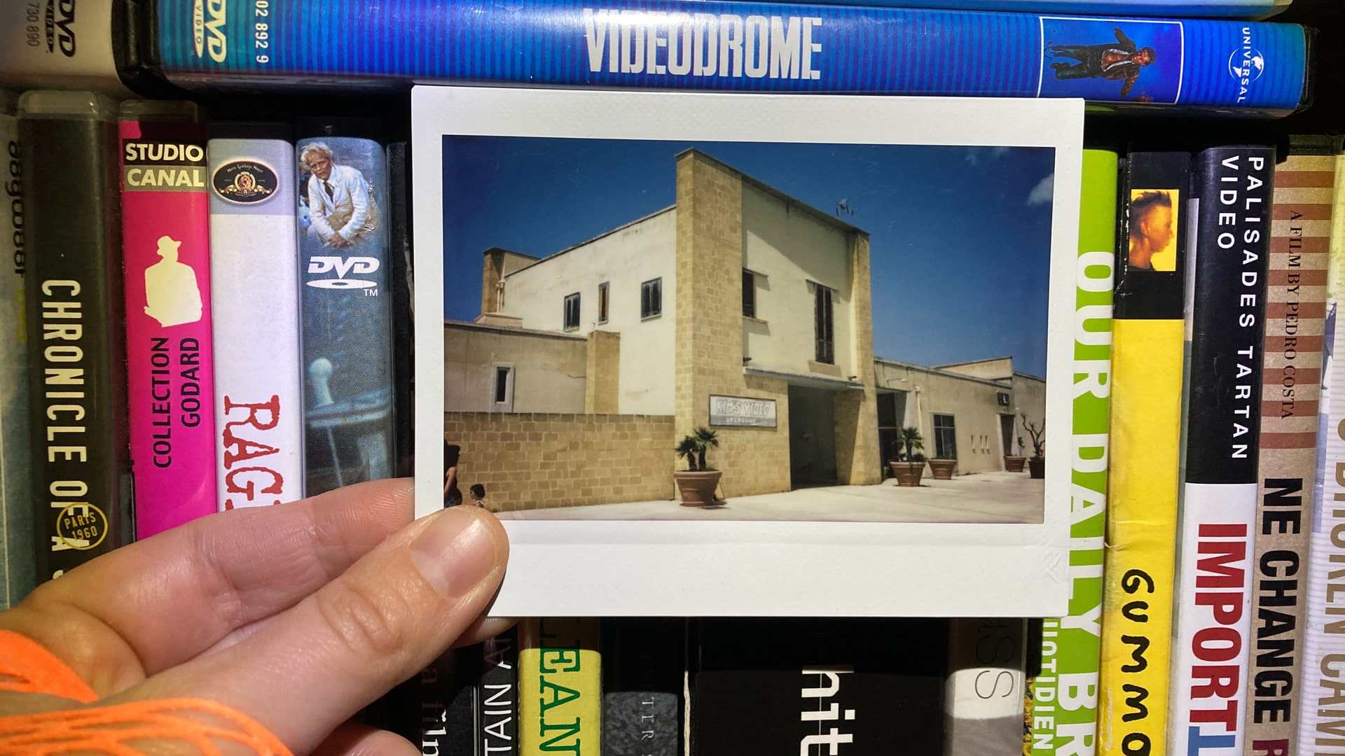 A hand holds up a Polaroid of the Salemi, Sicily, Italy location of "Kim's Video Upground" against a shelf of DVDs, titles partly obscured. Those DVDs include "Videodrome," "Chronicle Of A Summer," "The Gleaners And I," and "Gummo" amongst others.