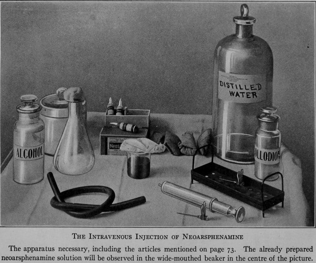 Grey scale illustration of the equipment required to administer neoarshenamine.