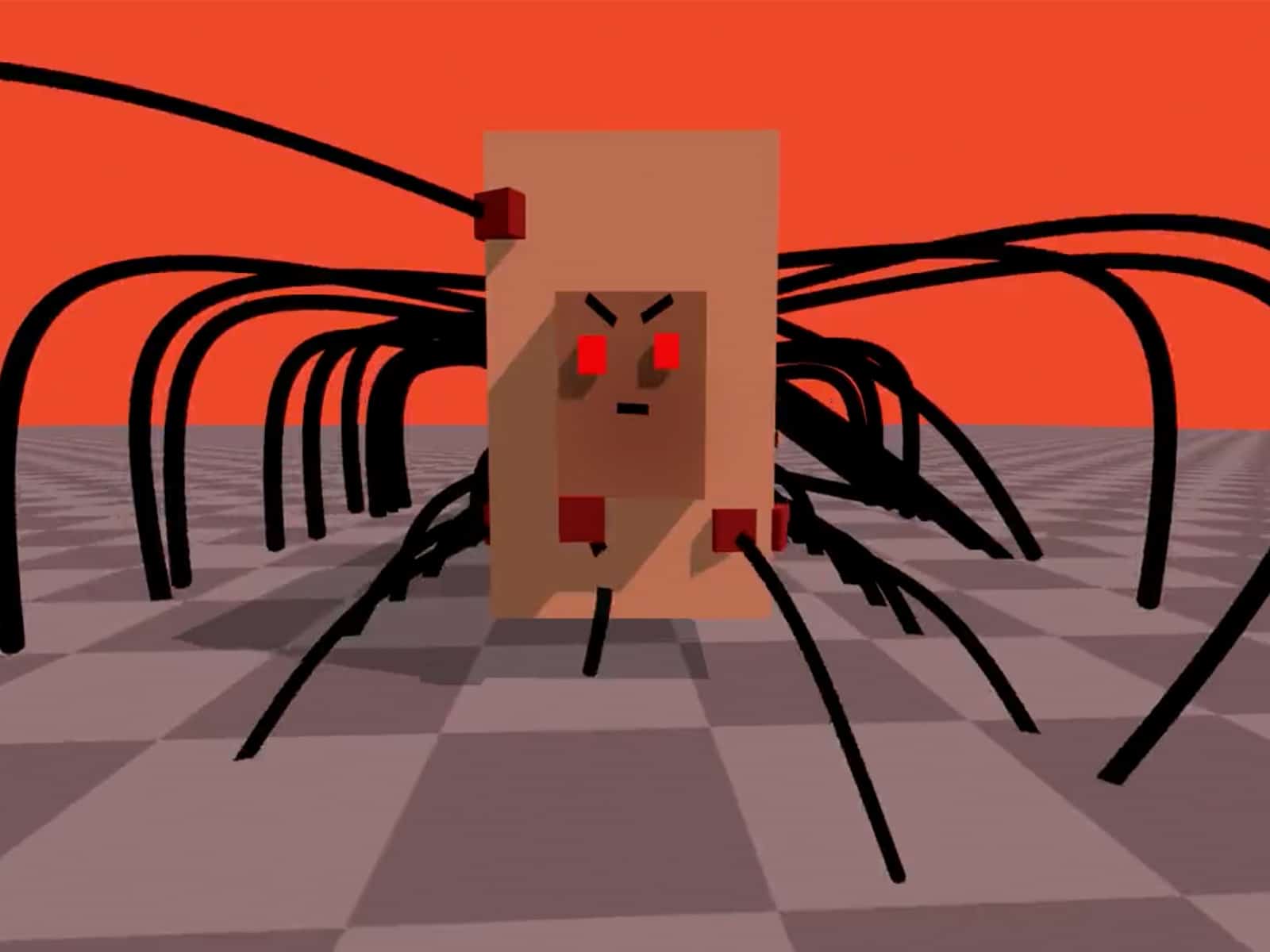 A still from a video game design program shows a head-on view of a digitally animated creature with a long square body, facing the viewer with an angry facial expression. Off to either side of the body sprout dozens of long, black, spider-like legs. The creature is standing on a checkerboard-like patterned floor, against a red background.