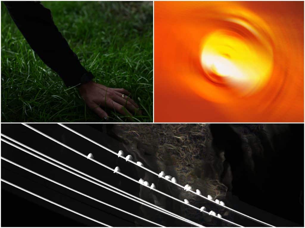 A simple image collage featuring three images from the live poetry-video art collaborations. The top left displays an arm with a hand planted in spotlit grass at night. To its right, a yellow circular shape ripples into bright reddish-orange rings. Below that, over a dozen small white birds sit on white, thin power lines. The presumed sky above them is rendered in a black nebulous haze.