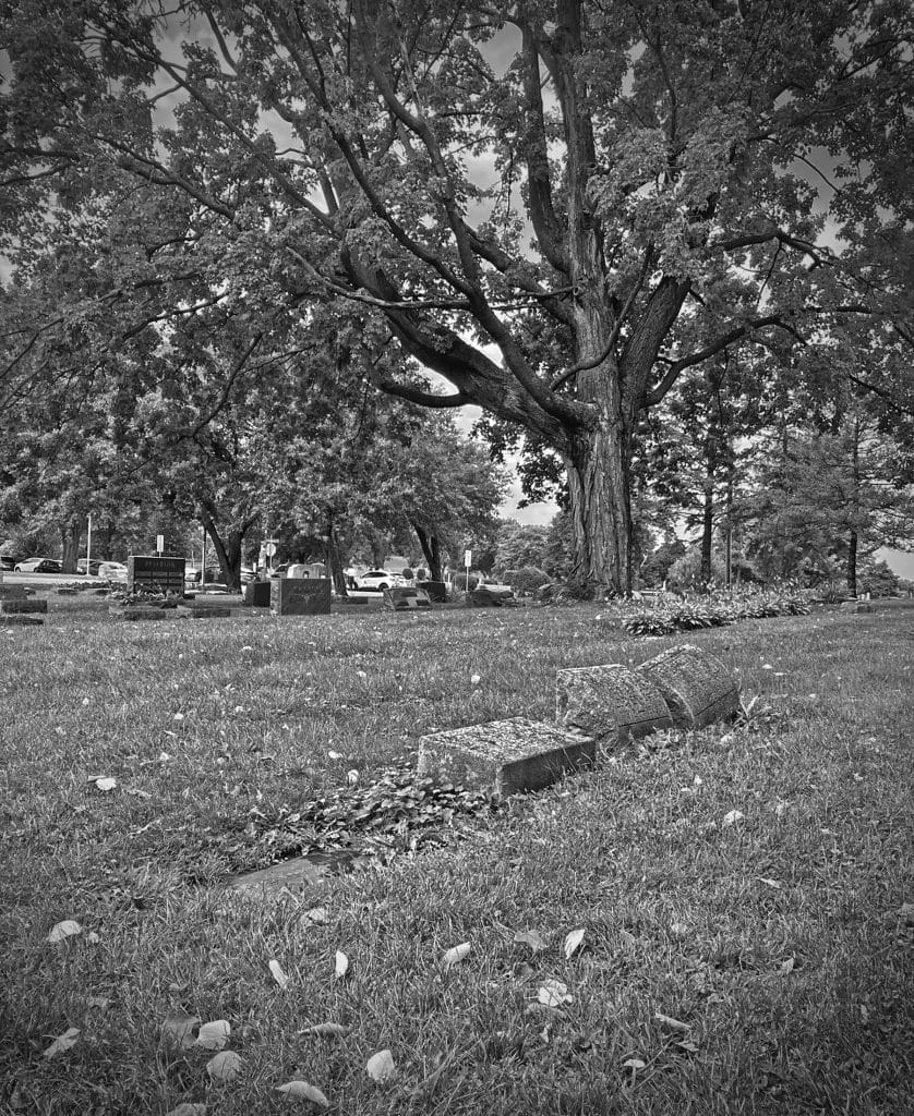 Black and white photo of a cemetery with three aging headstones in the foreground.