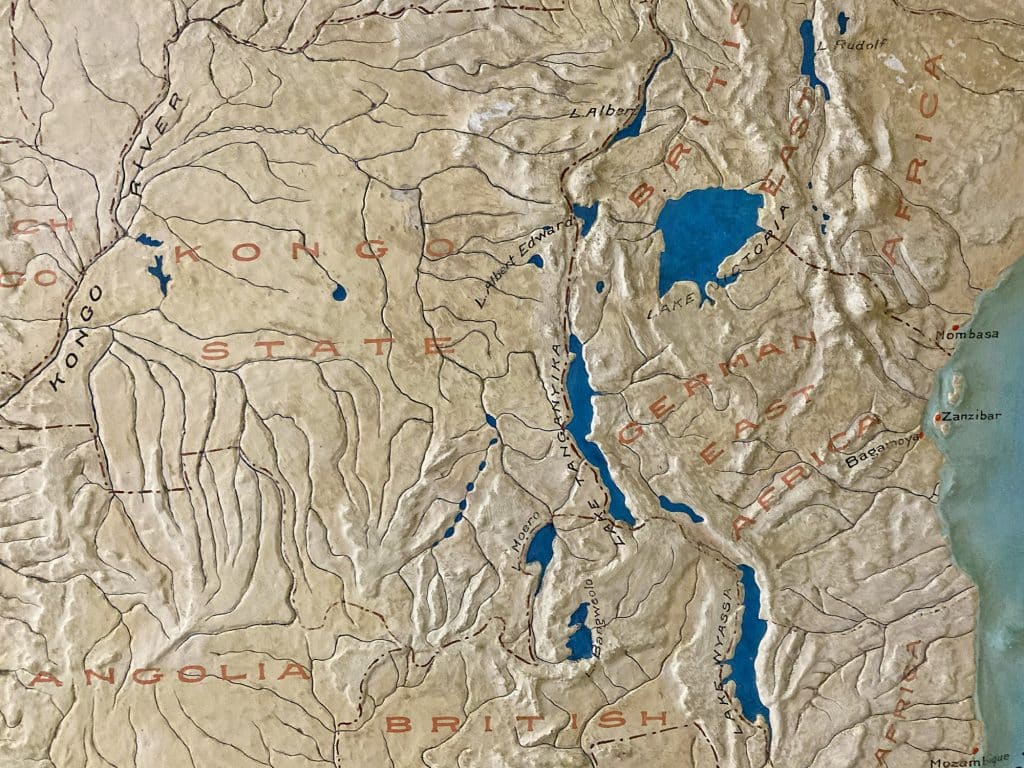 Photo of a relief map of colonial east Africa, including German East Africa, Kongo State, and British East Africa.