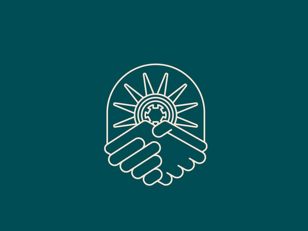The Bandcamp United union logo, a line drawing of two hands shaking under a gear-like formation that suggests the spool of a cassette tape, is shown against a dark green background.