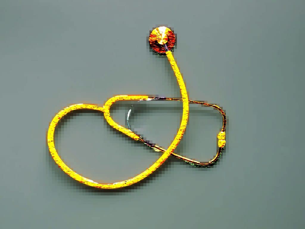 A photo illustration shows a stethoscope with yellow tubing and earpieces set against a grey-green background. The illustration is distorted with various layers of pixellation and scratchy texture.