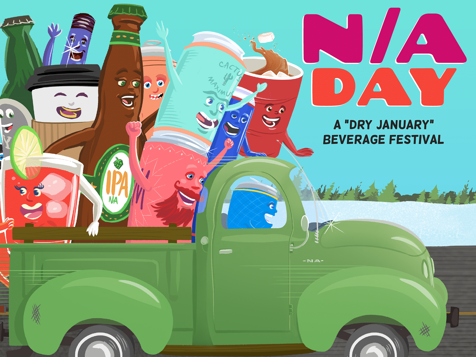 Poster art for the N/A Day event shows an illustration of several personified beverage containers riding in the back of a pickup truck. Text on the poster reads "N/A Day: A 'Dry January' Beverage Festival.'"