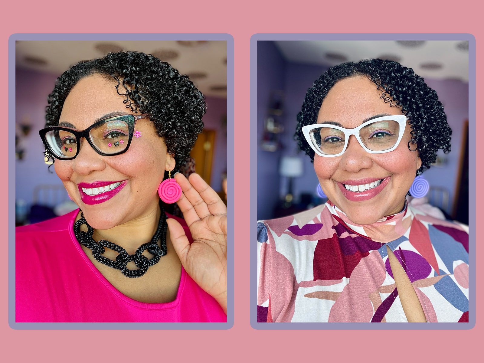 Two selfie photos of column writer Sami Schalk are paired side by side on a salmon-colored background. Schalk smiles in colorful pink- and purple-toned attire, drawing attention to her homemade earrings.
