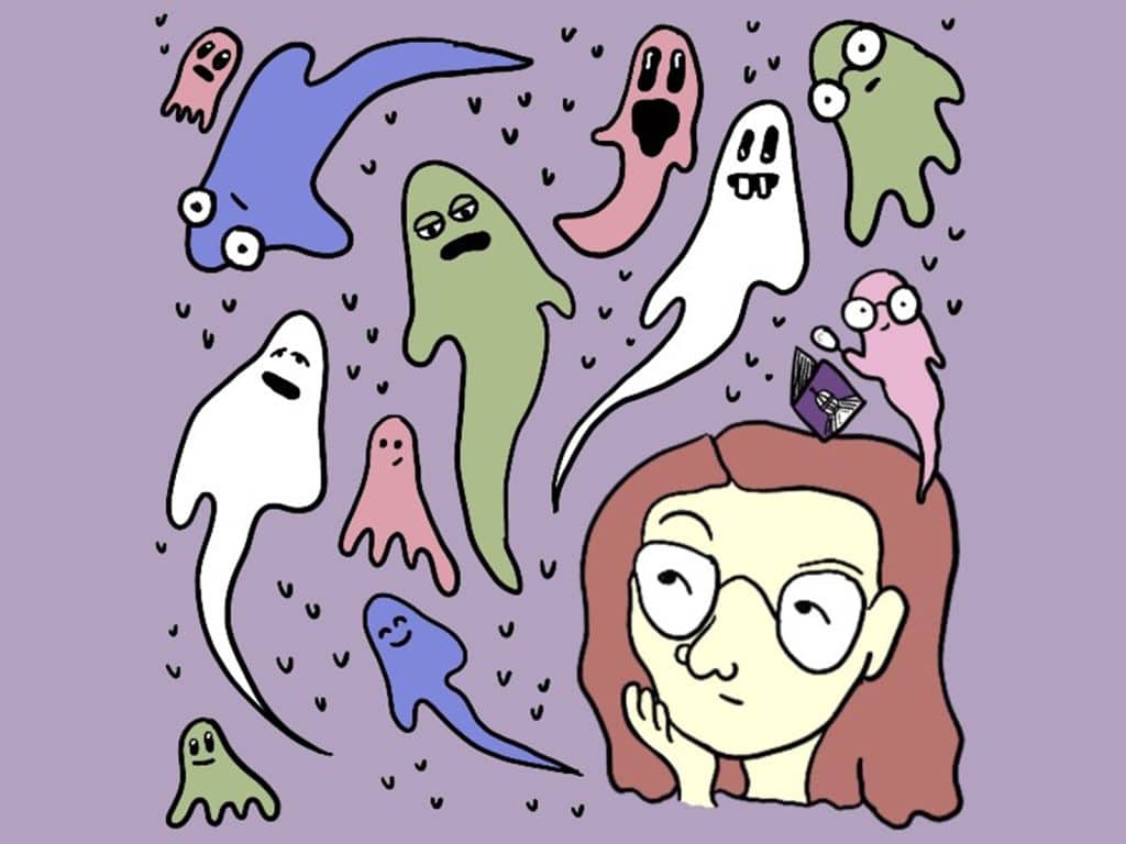 Maggie Denman illustrates Tone Madison's News and Politics Editor Christina Lieffring skeptically looking at the green, white, indigo, and salmon-colored ghouls/ghosts flying around her head.