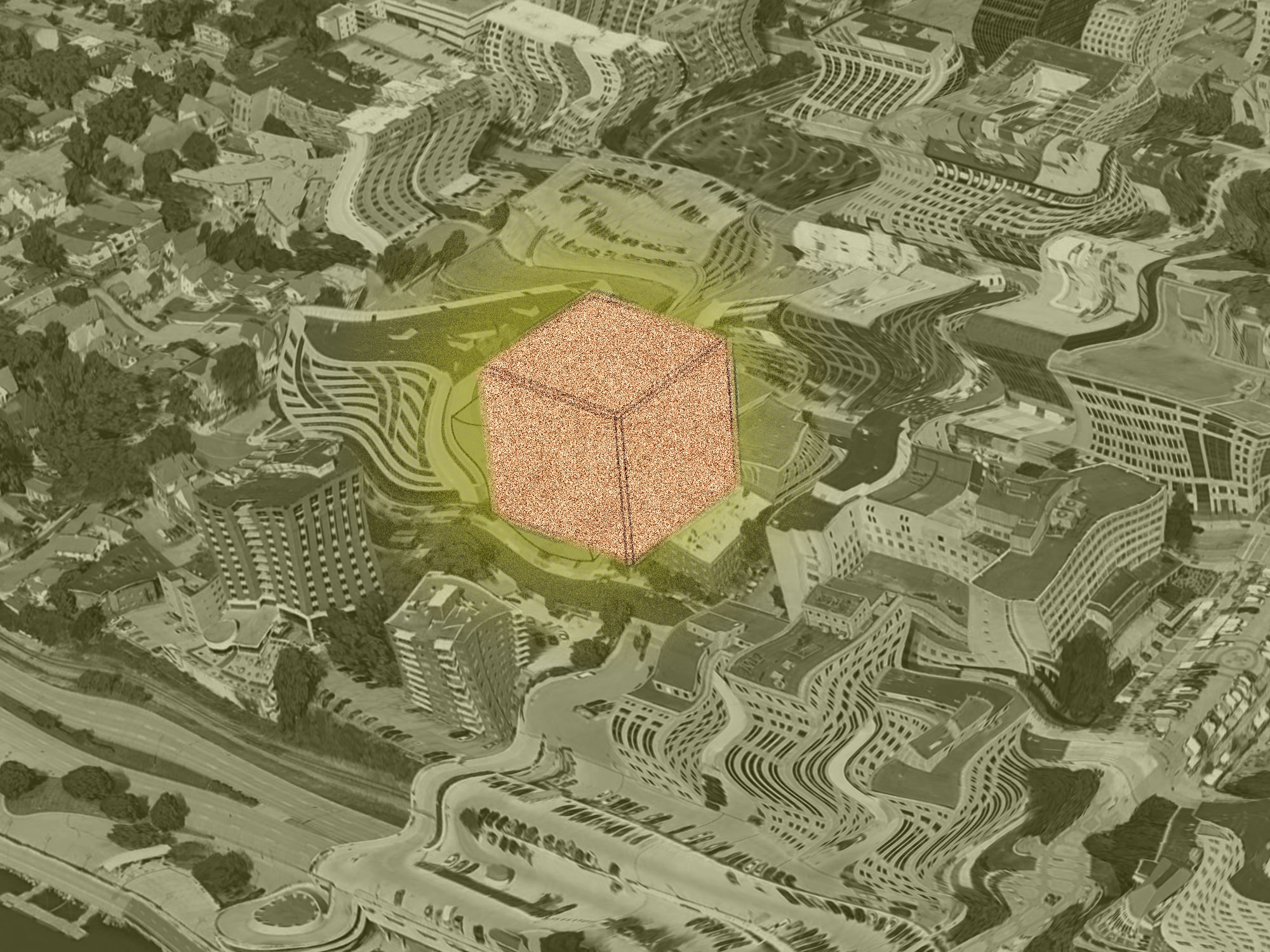 A glowing cube located where the proposed Dane County Jail warps the surrounding buildings.