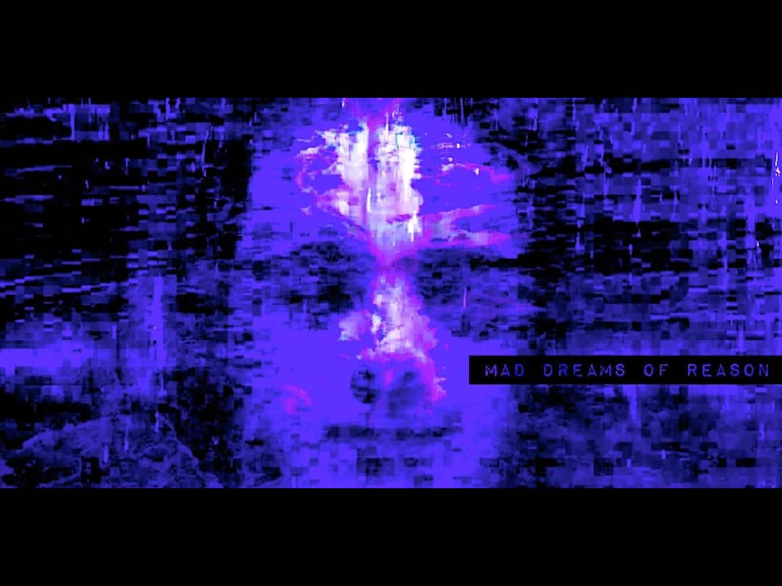 Distorted lines of black and violet colors form staticky patterns that fill the screen. A close-up of a face with closed eyes juts through the colored static, peaking in brightness on the face's forehead.