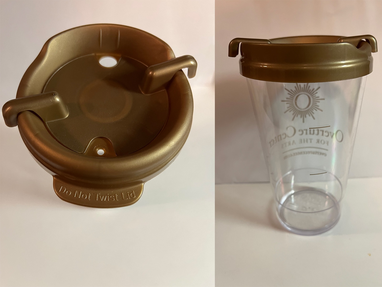 Side-by side photos show the brown-gold lid of an Overture Center sippy cup shot from above, and a view from behind of the cup itself, a transparent plastic pint cup with the Overture Center logo printed on the front.