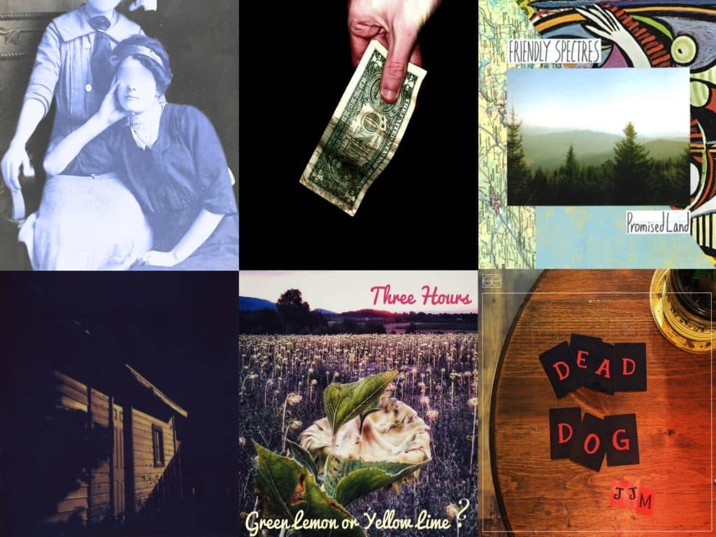 A 2x3 grid banner displays the cover art for each of the six releases featured in this roundup. From L to R on top: Frozen Charlotte's "Pretty Thing," Sex, Fear's "Absolved," Friendly Spectres' "Promised Land." On the bottom, L to R, LEADS' "Sheds," Three Hours' "Green Lemon Or Yellow Lime?," Jasper John Maxwell's "Dead Dog."