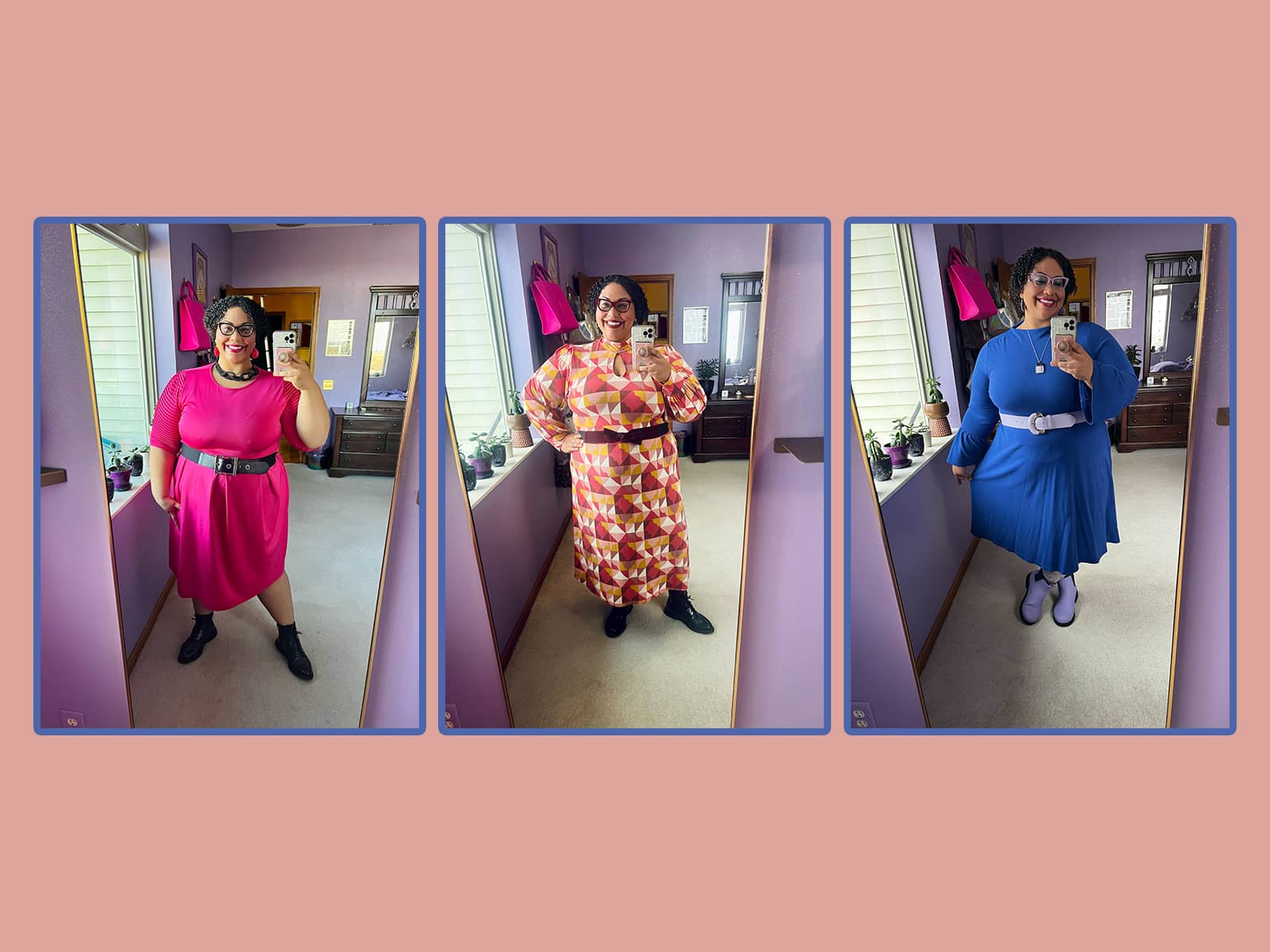 Three photos of Sami Schalk modeling vivid outfits in a mirror. One is a pink dress with a wide black belt. A second is a dress printed with geometric patterns in shades of orange and brown. A third is blue, with a lavender-colored belt.