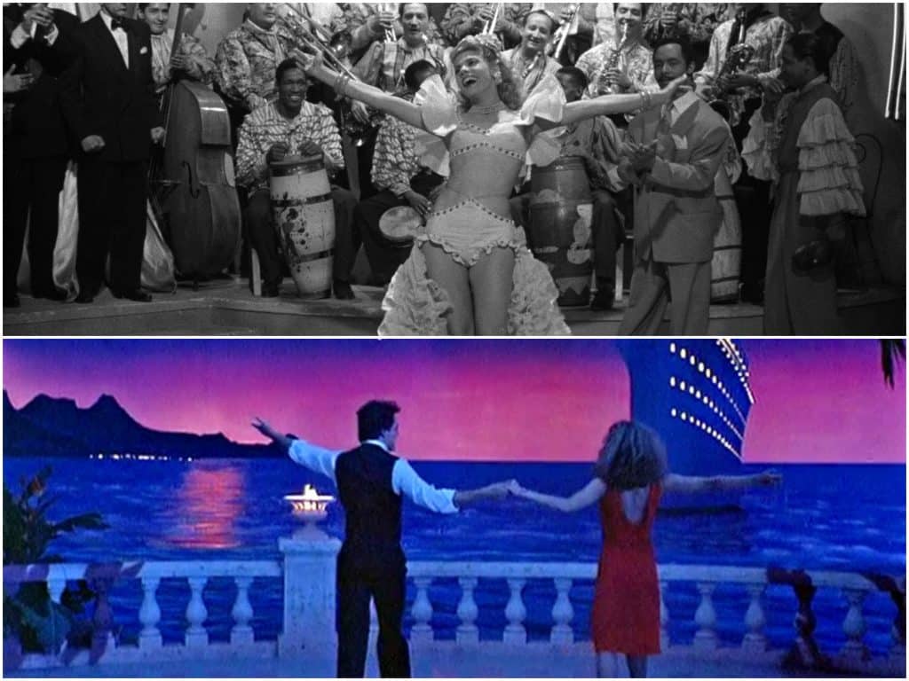 Images from the musical melodramas in a simple collage. At the top, Violeta (Ninón Sevilla) from "Victims Of Sin" strikes a wide-armed pose while singing in front of a nightclub band. On the bottom, Ray (Raul Julia) and Franny (Teri Garr) from "One From The Heart Reprise" strike a wide-armed pose with their backs to the camera while holding hands on a balcony overlooking the ocean at sunset, with a cruise ship to their right.