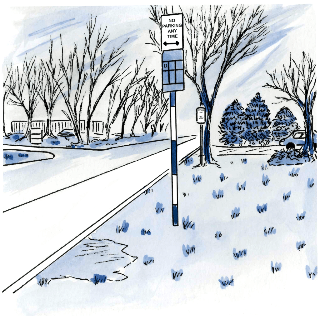 Illustration in blue, black, and white of a bus stop on grass, without a boarding platform or sidewalk.