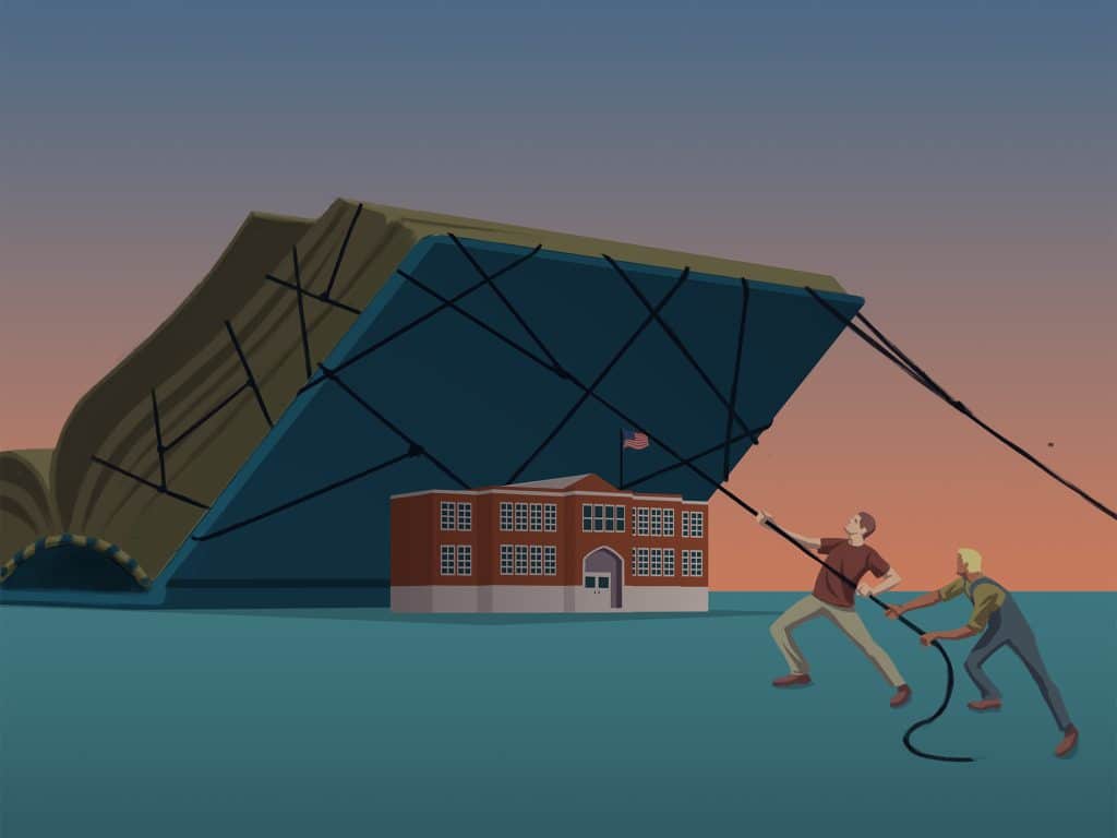Illustration shows people pulling open a giant book which will crush a school.