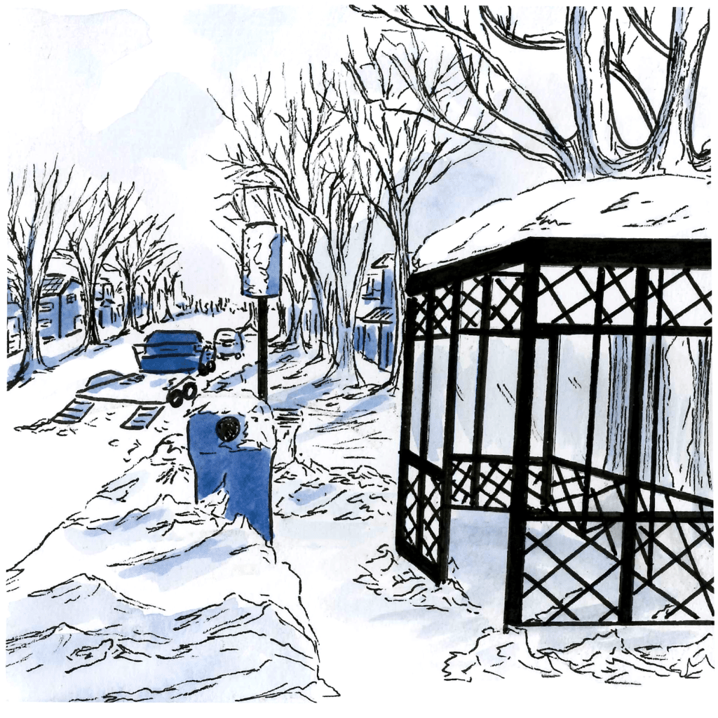 Illustration in blue, black, and white of a bus stop with the curb piled high with snow.