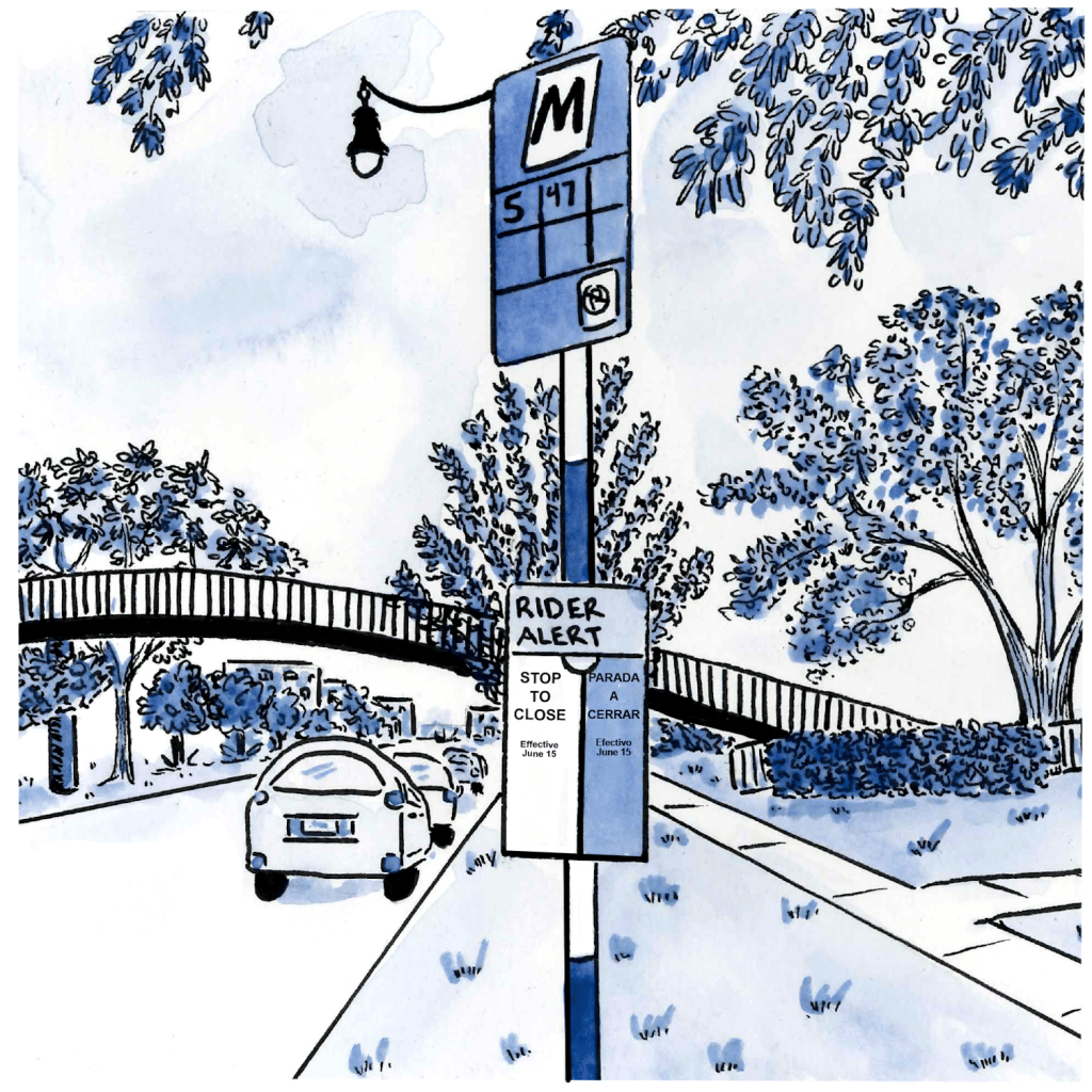 Illustration in blue, black, and white of a bus stop with text stating it is closed. The stop is close to four affordable housing complexes.