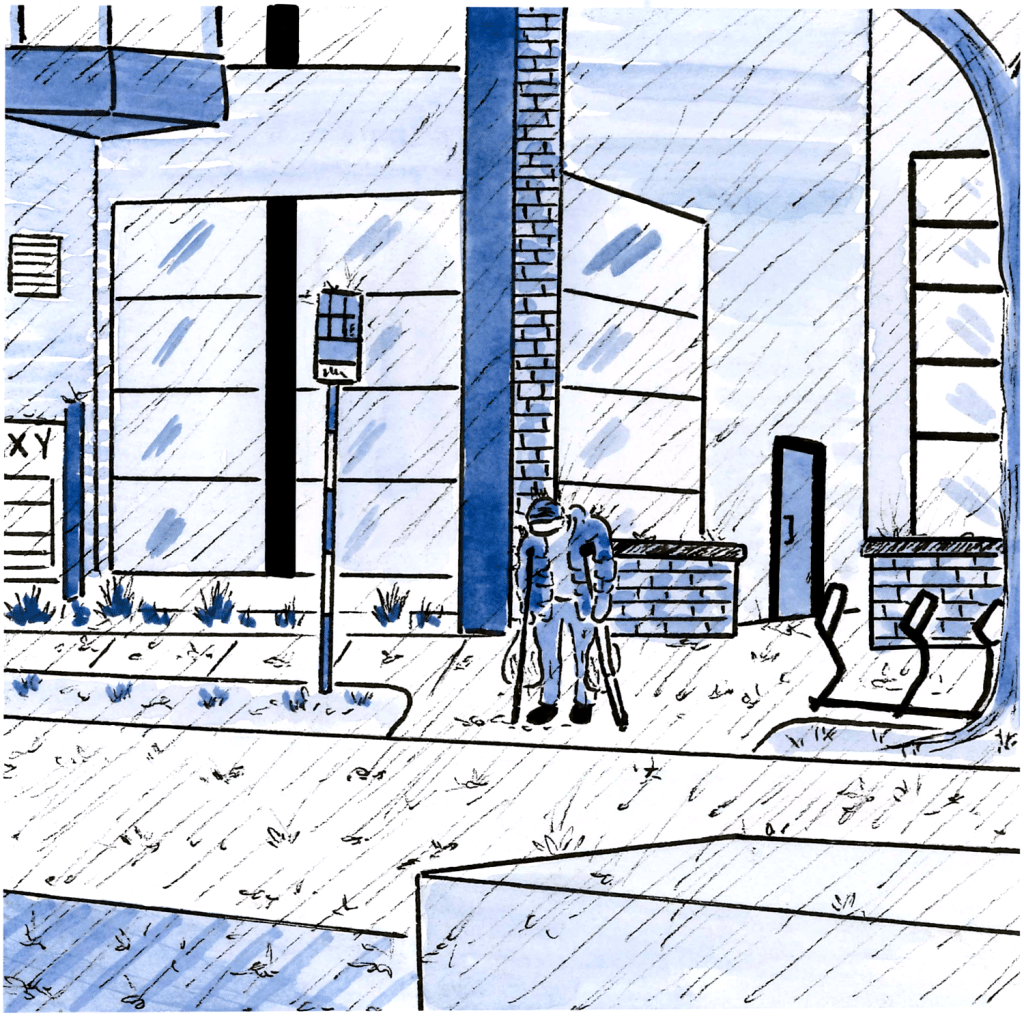 Illustration in blue, black, and white or an unsheltered bus stop where a man stands on crutches in the rain.
