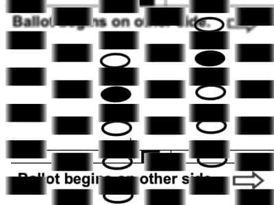 Graphic is an abstraction of ballot bubbles, dashes, and writing.