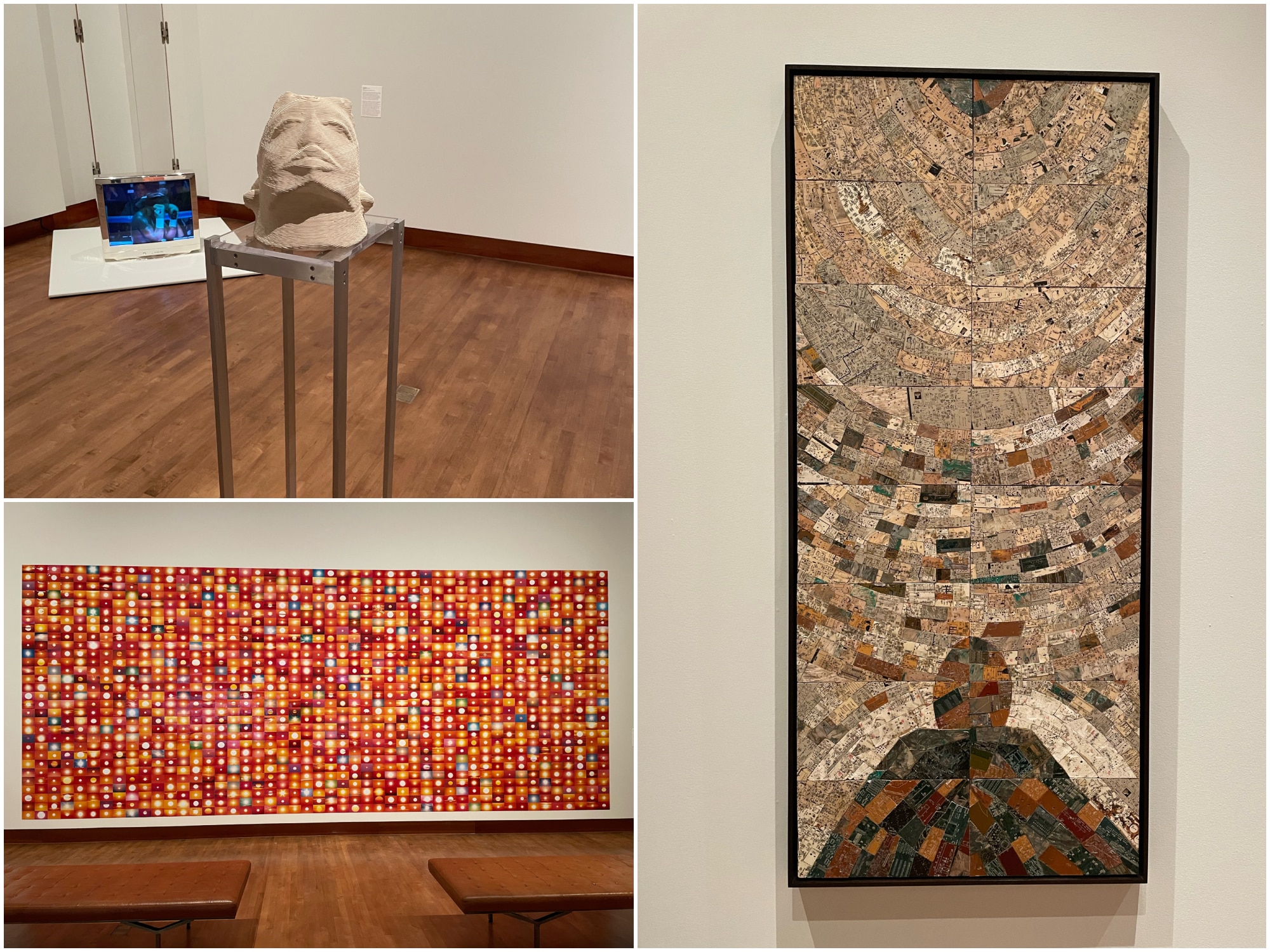 A simple tri-image of photos, taken by Maxwell Courtright, from the multimedia exhibit. A ceramic mask sits face-up on a metal platform at the top left; a large grid-mural of sunset images is shown below that. On the right, an elongated collage of repurposed circuit boards in shades of grey and tan.