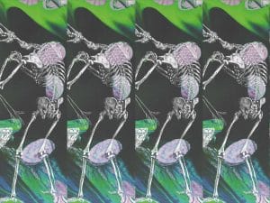 A painting of a skeleton is shown, it appears to be mid-dance. The left shoulder is dipped and the right hand is reaching upwards. The backdrop is black for much of the image, though sickly greens, pinks, and blues swirl around the lower and upper frame. It is roughly a quarter of the image of Vincent Presley's "Music For Low" album cover and it is repeated four times.