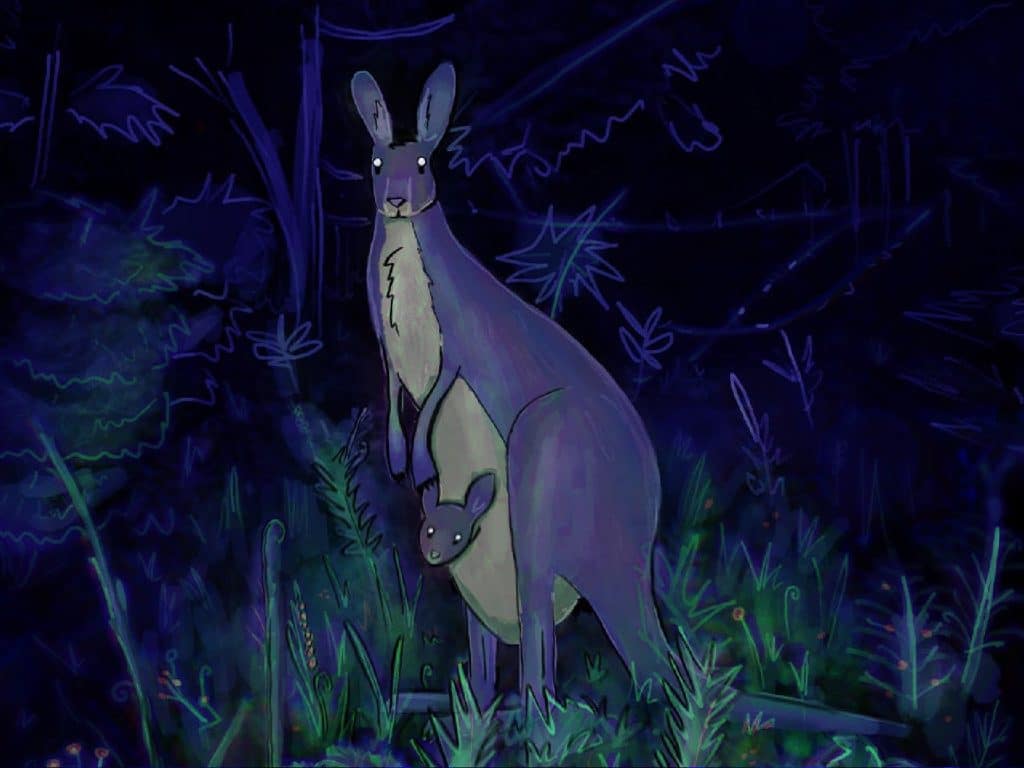 An illustration of a kangaroo with a joey in their pouch. The illustration is notably dark; the kangaroos are drawn in a ghostly blue with a pale tan underhide while the greenery around them is a similarly eerie shade. Blue accents flesh out the image by outlining trees and plants around the kangaroos, which are positioned in the center of the image and presented in a streaky, street art style.