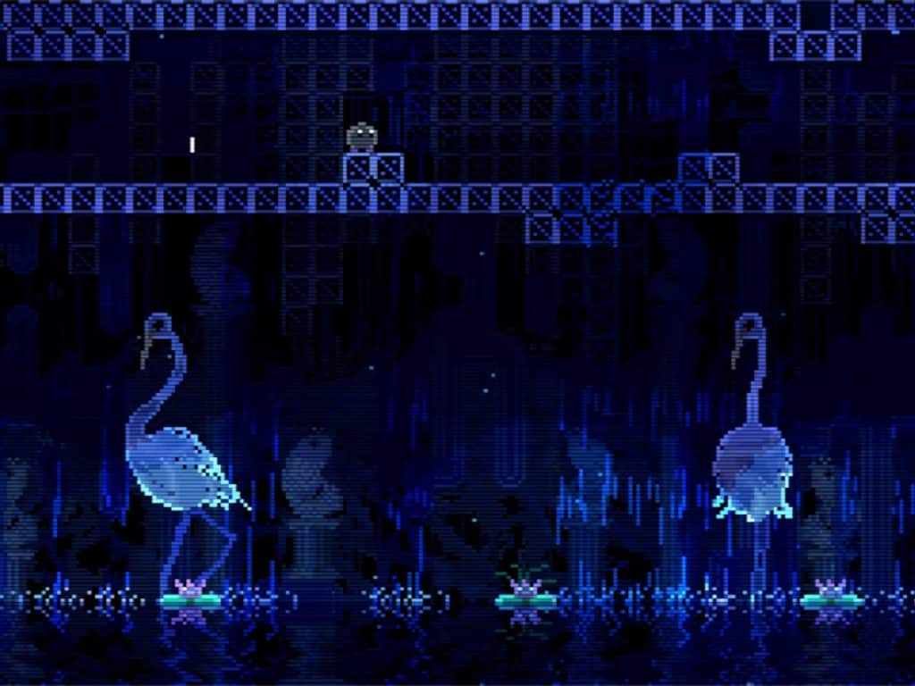 A still from Animal Well that shows its pixel art. A series of square blocks create a hallway in the upper third of the frame, with the game's main character, resembling a small brown ball, navigating the space. The character has small white eyes and there are small vertical line breaks that run through the character's body, allowing players to see the background. Beneath the character are two large white swans, both looking left, as they navigate a small pond. The whole scene is set in a ghostly blue. Flowering lilypads adorn the water's surface, blue streaks provide the illusion of rain, and two fish can be faintly seen perched vertically on mantles in the lower background.