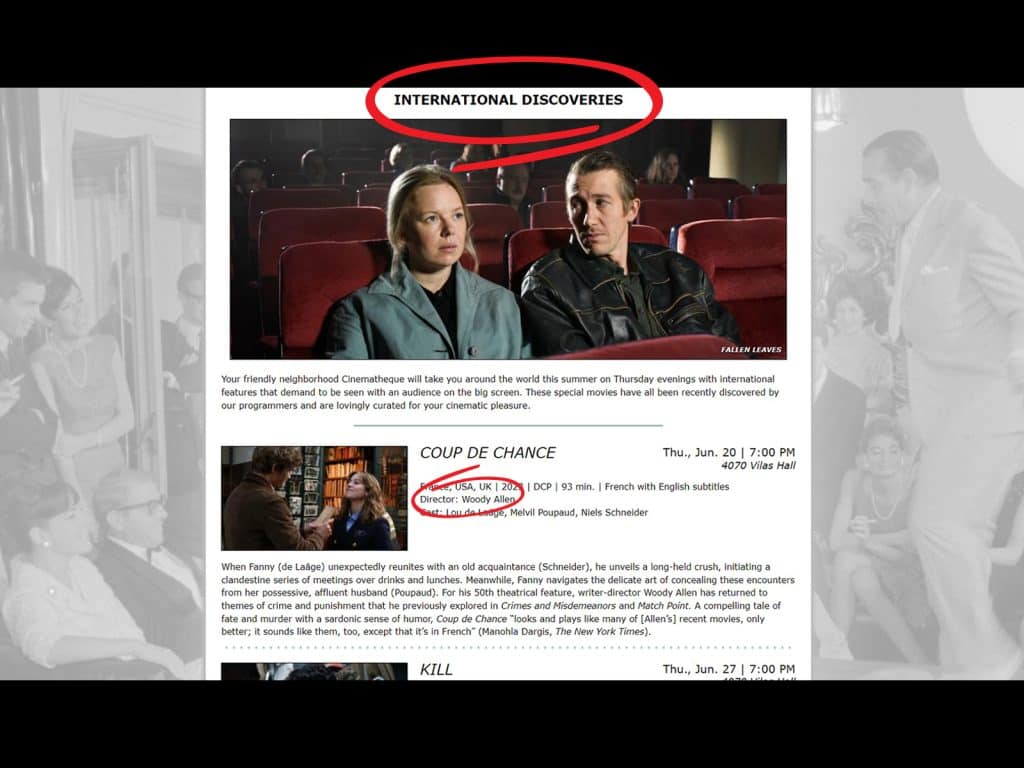 A simple screenshot of the URL at "https://cinema.wisc.edu/series/2024/summer/international-discoveries" with two red-outlined circles highlighting the information at the heart of this commentary: the heading of "International Discoveries" and "Director: Woody Allen."