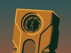 An illustration shows a close-up of a boxy police body camera. In the center of the rectangular device is a circular lens with the blades of an aperture appearing to close, with a small uniformed police officer standing in the center with his arms raised.