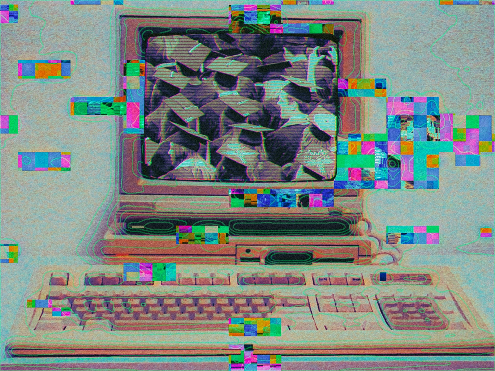 A distorted image of an older desktop computer shows a graduation ceremony.