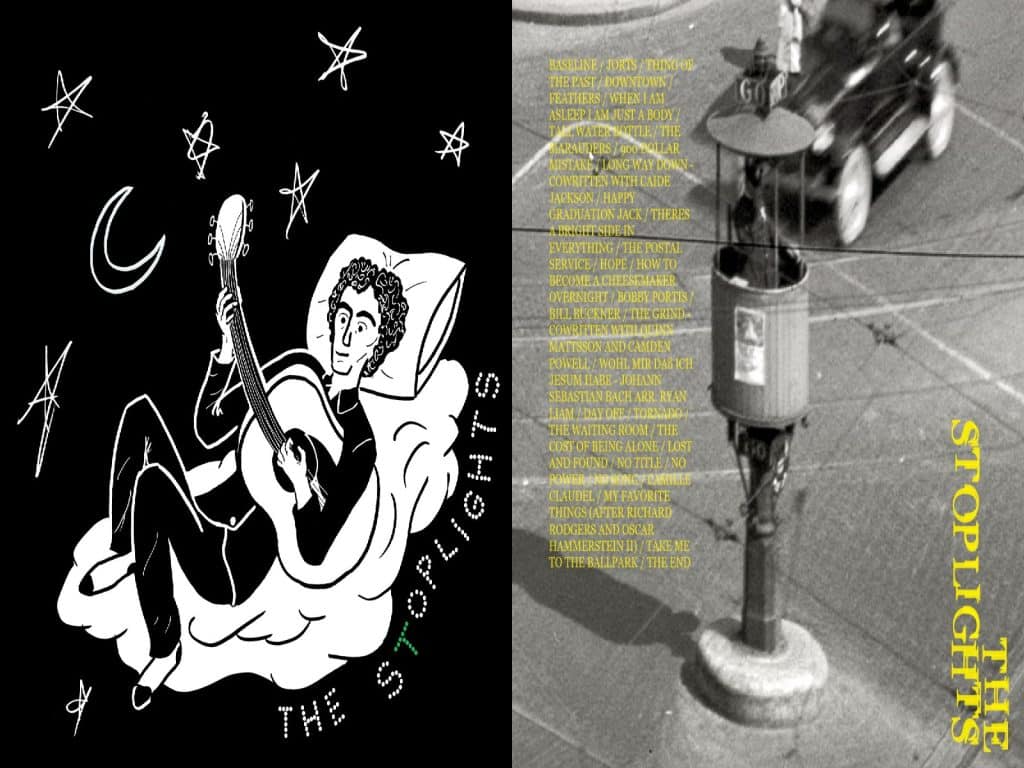 The album art for The Stoplights' two new records are shown side-by-side. On the left is the album art for "Nighthawks" which is a black-and-white cartoon illustration of Maguire with an acoustic guitar on a bed. Around him are sketches of the stars and moon. "The Stoplights" is written in a stippled pattern with the "t" in "Stoplights" given a green color. It's the only color in the illustration. The album art for "Watchtower" is to the right, which is a blurry black-and-white photo of traffic. All of the songs are presented in yellow text on the art's left third. The Stoplights is in overlapping yellow text in the image's right third.