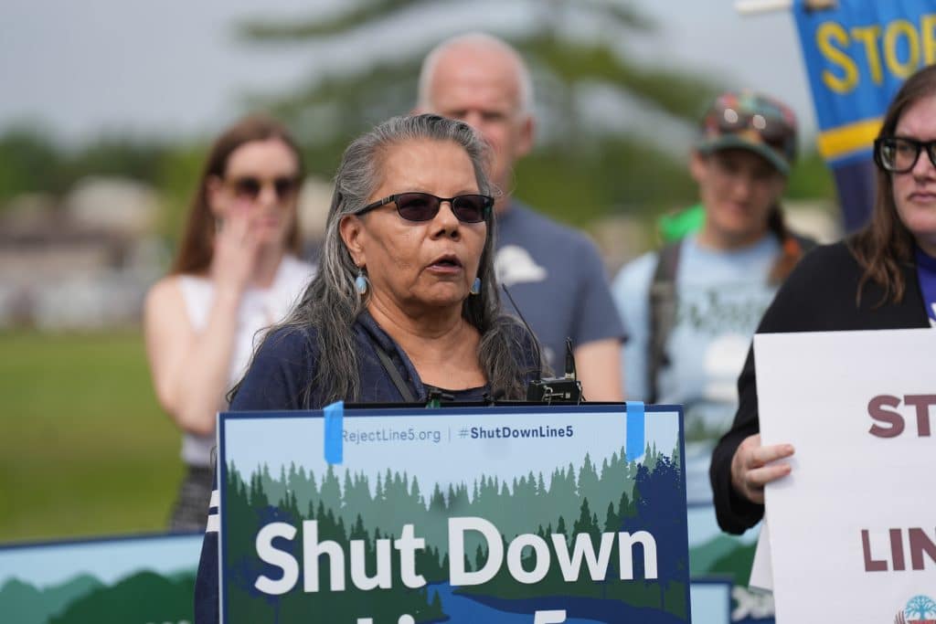 Rene Ann Goodrich, a Bad River Band Tribal Elder, speaks at a press conference.