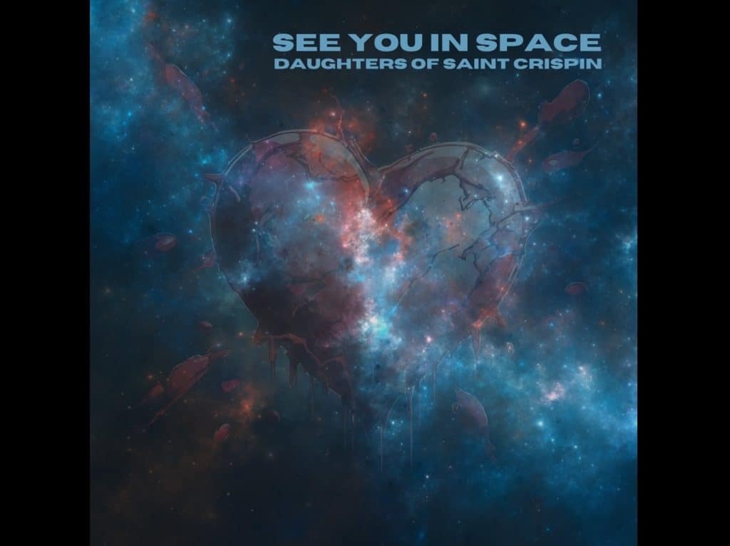 The cover art for Daughters Of Saint Crispin's "See You In Space." Alt-text: The cover art for Daughters Of Saint Crispin's "See You In Space" is presented between two pitch-black vertical border strips that center the art. The art itself is made up of the song name in light blue block lettering in the upper right hand corner, and the band name in a slightly smaller size in the same color and lettering beneath. A picture of a segment of the galaxy can be seen behind an abstract, intentionally fragmented outline of a heart that's cracking to complete the art.