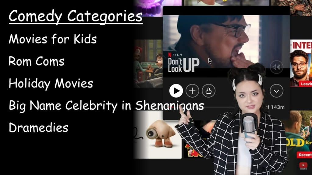 A twentysomething woman wears a black blazer with white stripes and holds a microphone that she's speaking into. She gestures to her left at a green-screened image that features several streaming-service poster designs overlaid with a short list of "comedy categories" in Comic Sans font type.