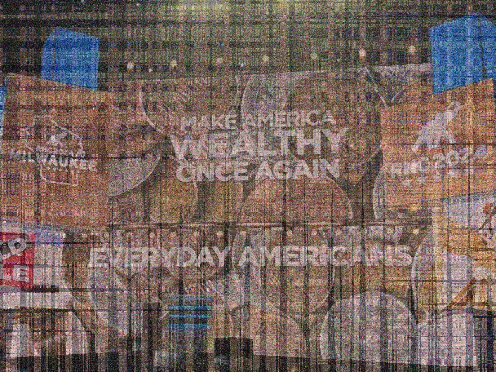 Distorted image of the stage display at the 2024 Republican National Convention in Milwaukee for the first day with the theme "Make America Wealthy Once Again."