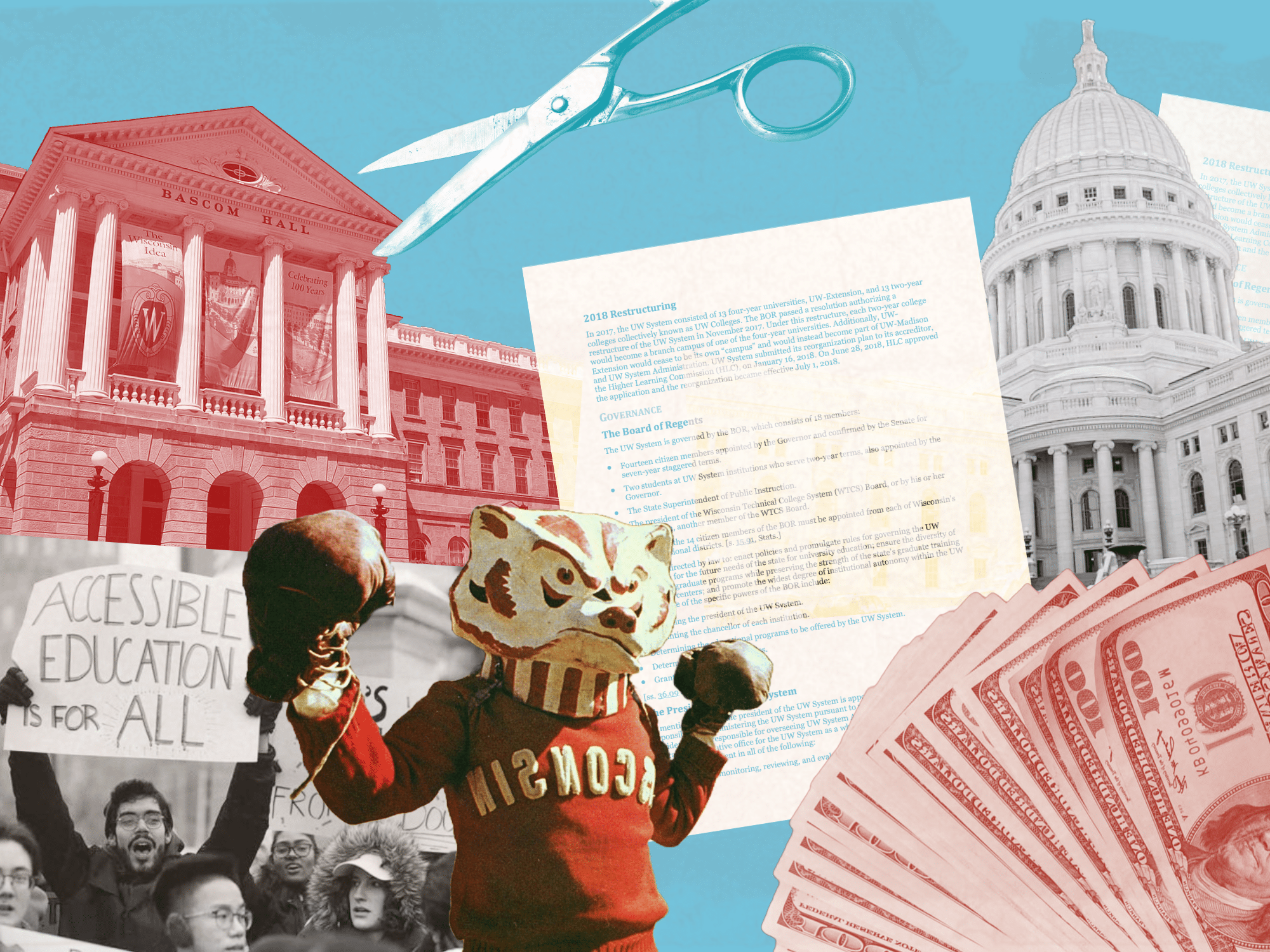 A collage shows Bascom Hall being cut with scissors, a copy of the 2018 UW restructuring bill, the Capitol building, a fan of 100 dollar bills, Bucky the Badger with boxing gloves, and someone at a protest holding a sign that reads "Accessible Education for All."