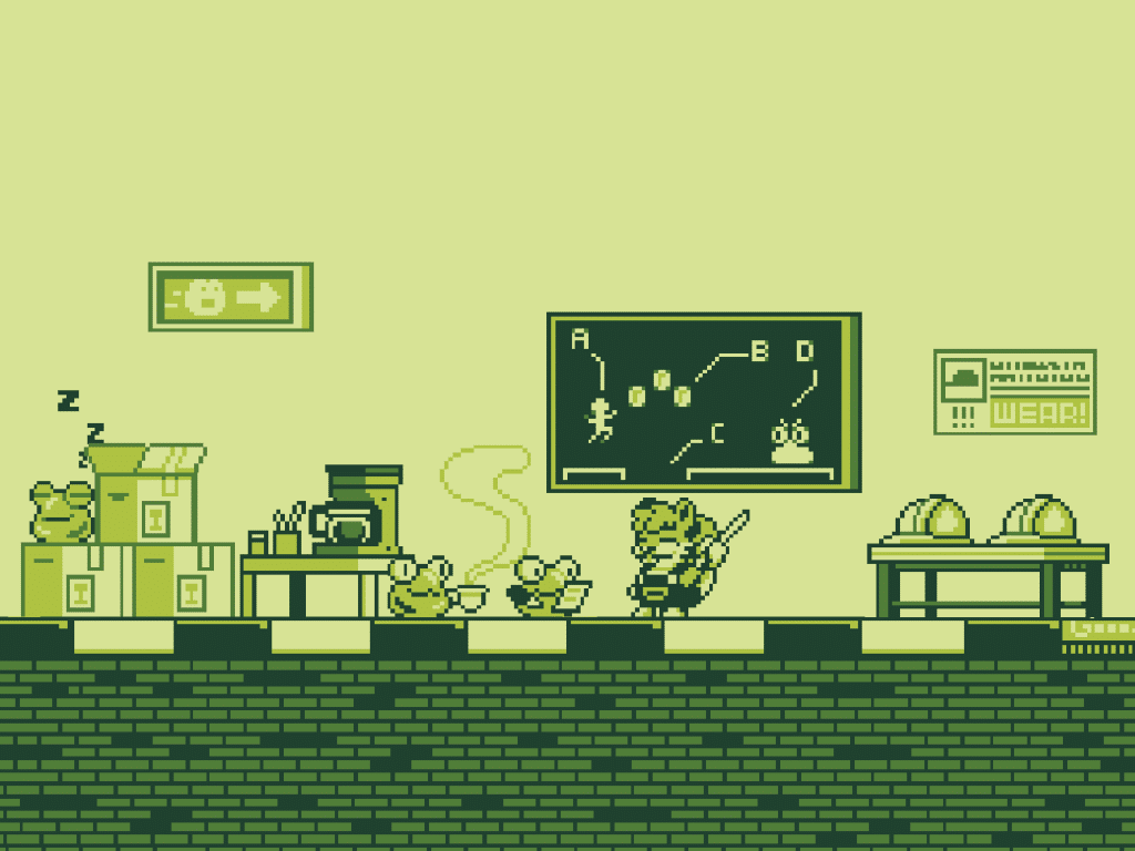 A custom Game Boy era-inspired illustration made by Luke Smith for the jacket of Peter McDonald's book, "Run And Jump: The Meaning Of The 2D Platformer." In various shades of green, including a dominant light lime green background, tiny anthropomorphic animals stand in front of a chalk board that illustrates a character model jumping.