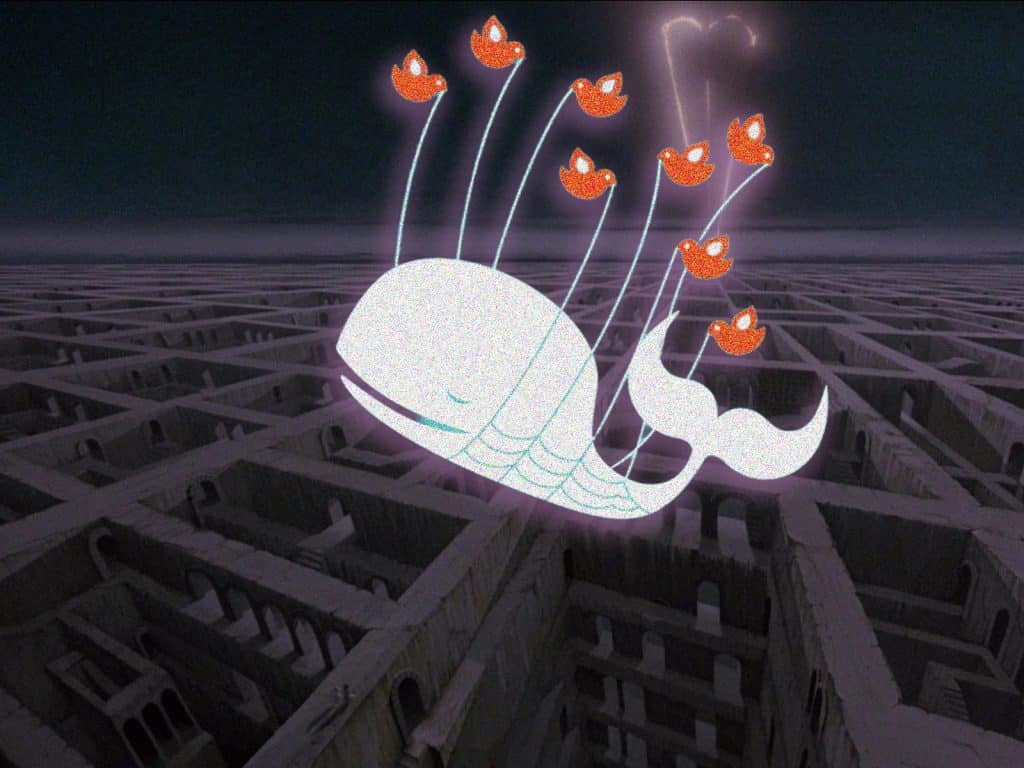 A modified graphic of the "Twitter Fail Whale," created by Yiying Lu. Eight orange birds lift up a white snoozing whale with a net. The background displays labyrinthine interior architecture rendered in shades of black and muddy purple colors.