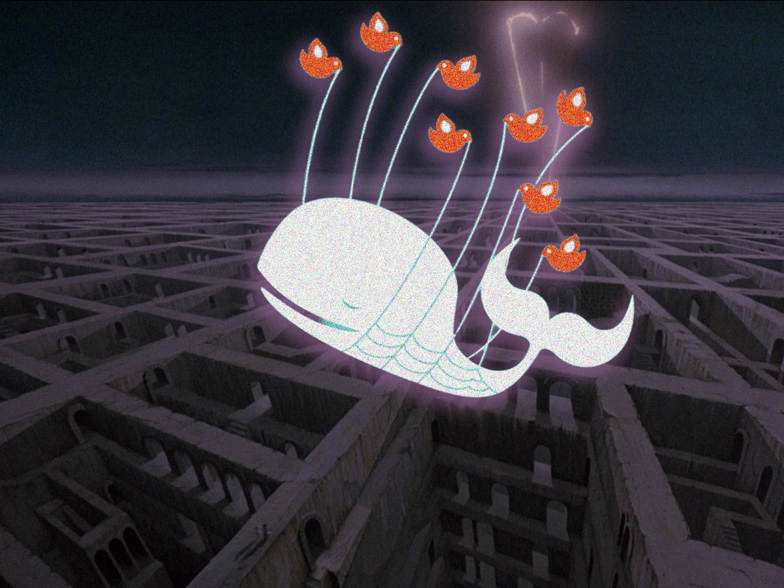 A modified graphic of the "Twitter Fail Whale," created by Yiying Lu. Eight orange birds lift up a white snoozing whale with a net. The background displays labyrinthine interior architecture rendered in shades of black and muddy purple colors.