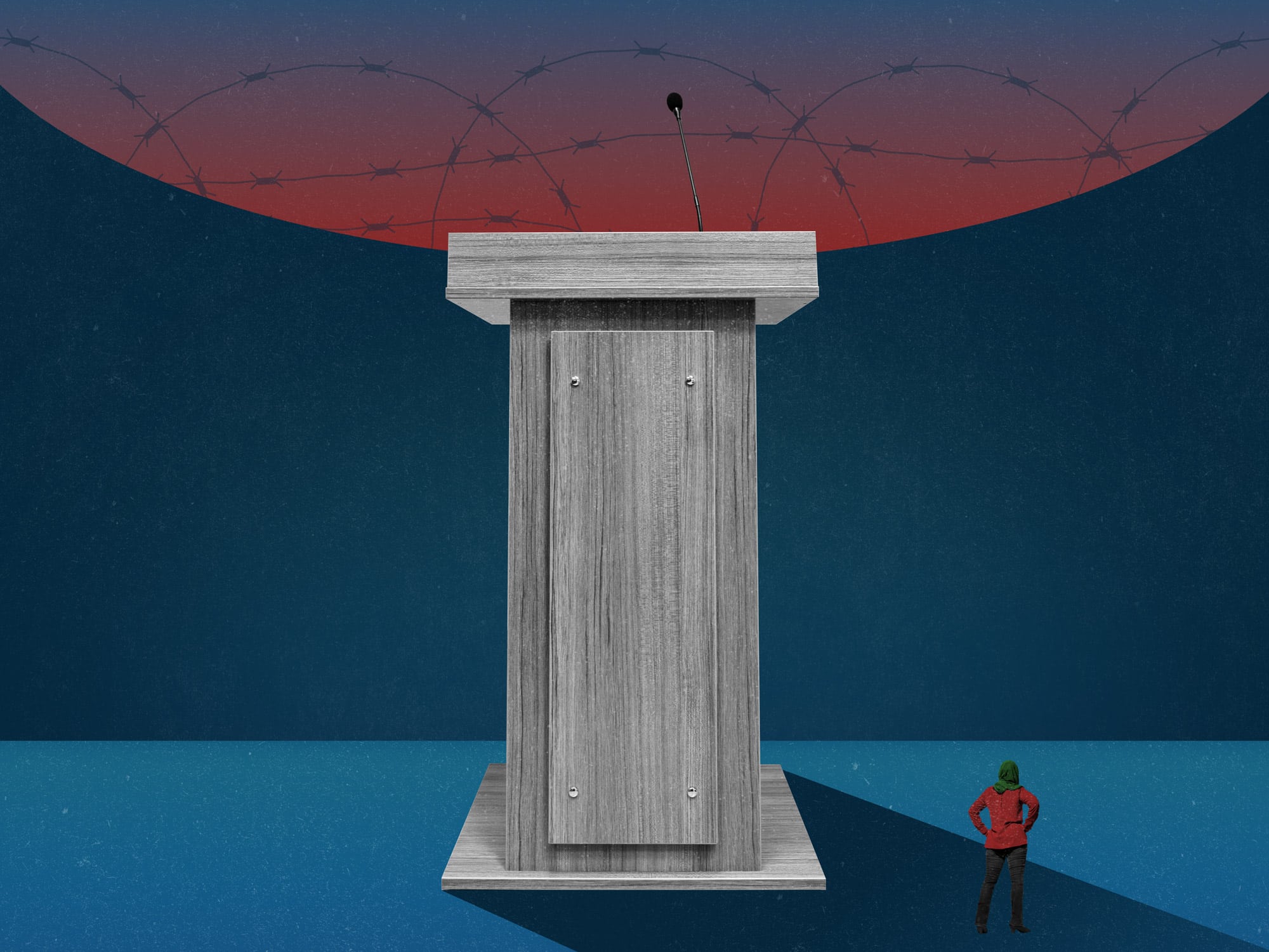 Illustration shows a woman in a hijab, hands on her hips, looking up at a giant podium with barbed wire in the background.