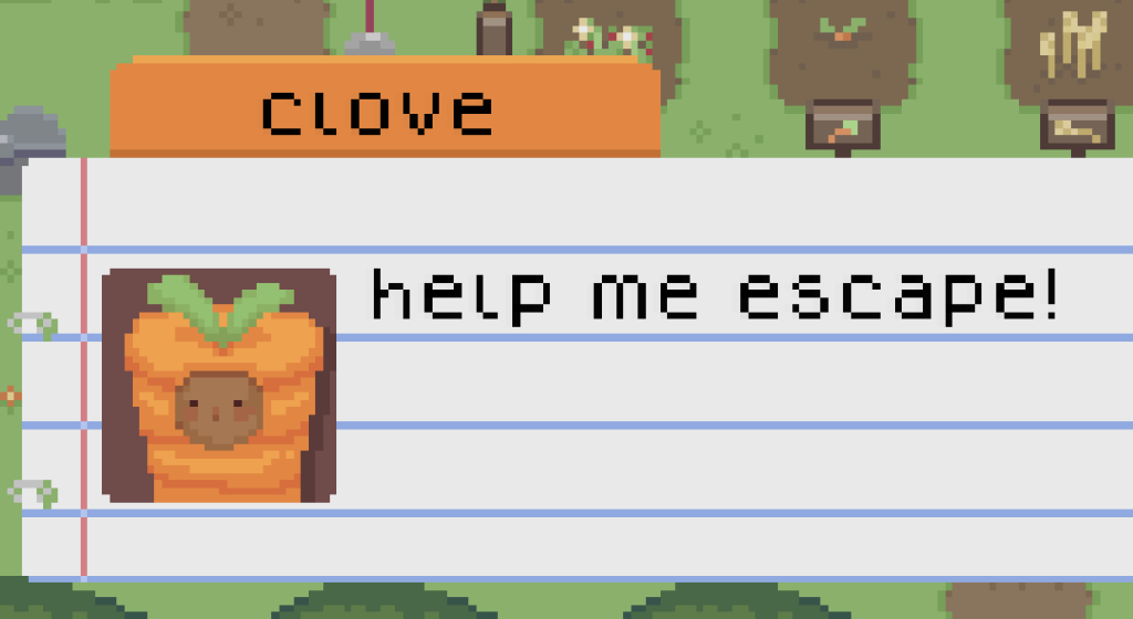 A screenshot from the video game "Garage Sale" shows a dialogue box from a character named Clove. An avatar shows Clove as a small boy wearing a carrot costume that covers his body and head, leaving a hole for his face. The dialogue reads: "help me escape!"